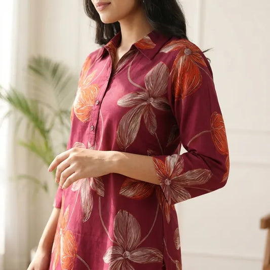 Red Silk Blend Printed Co-ord Set