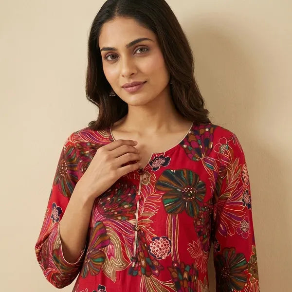 Red Rayon Printed Kurta
