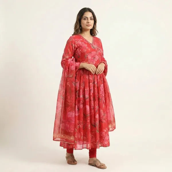Red Art Silk Embroidered Anarkali Set