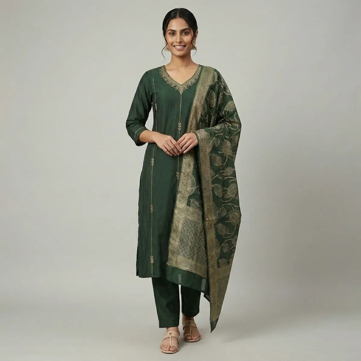 Dark Green And Golden Cotton Blend Embroidered