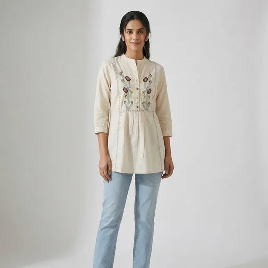 White Khadi Cotton Embroidered Shirt