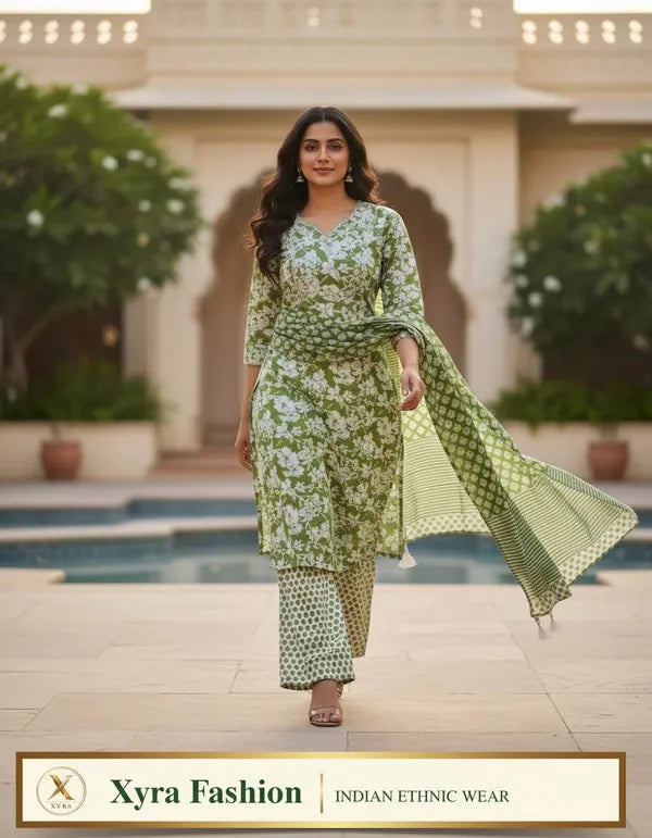 Green And White Cotton Printed Kurti Set