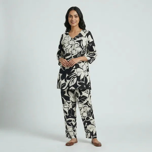 Black And White Cotton Printed Co-ord Set