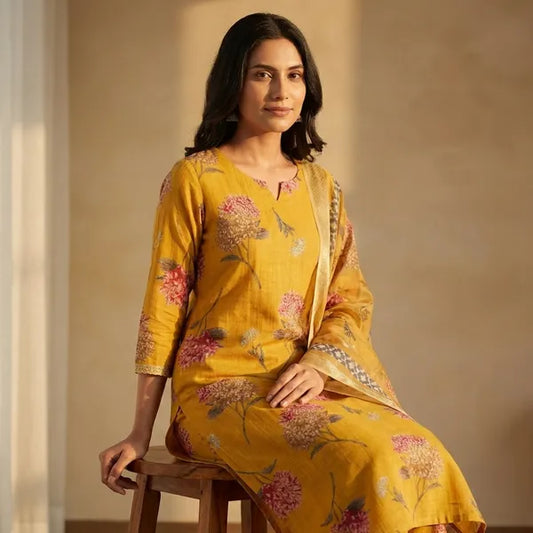 Mustard Yellow Cotton Blend Printed Suit Set