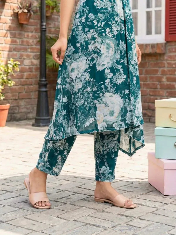 Blue Rayon Printed Kurti Set