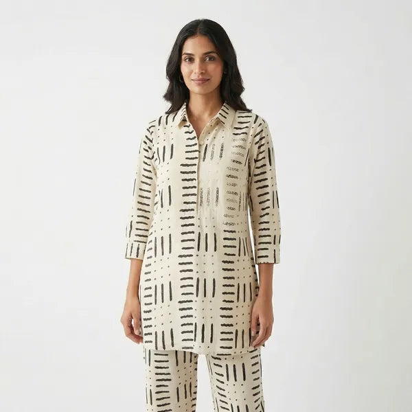 White And Black Cotton Blend Printed Kurti Set