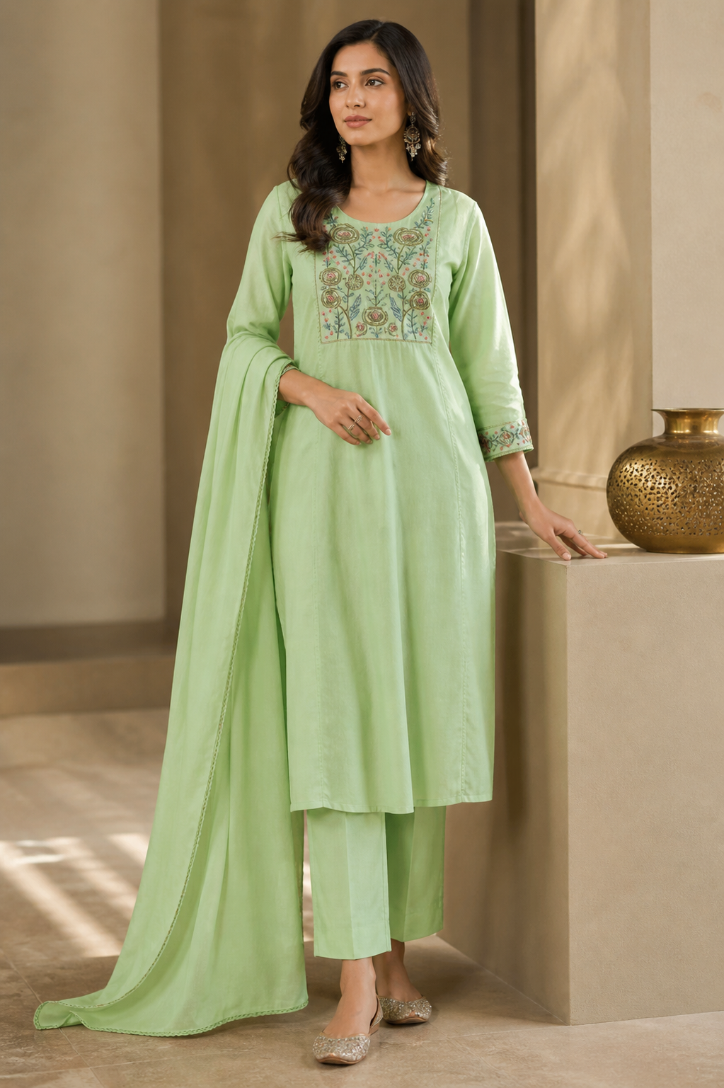 Mint Green Mal Cotton Embroidered
