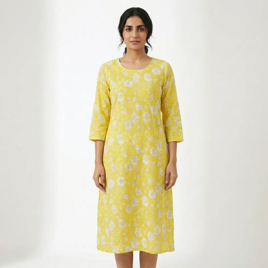 Yellow Cotton Printed Kurta