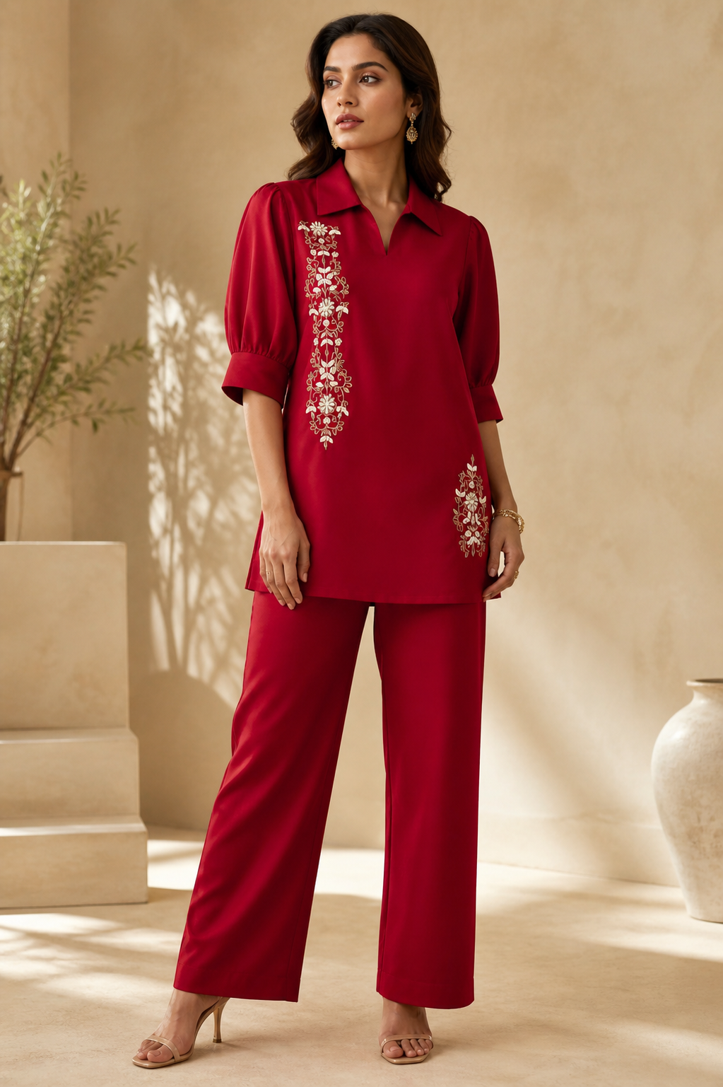 Red Silk Blend Embroidered Coord Set