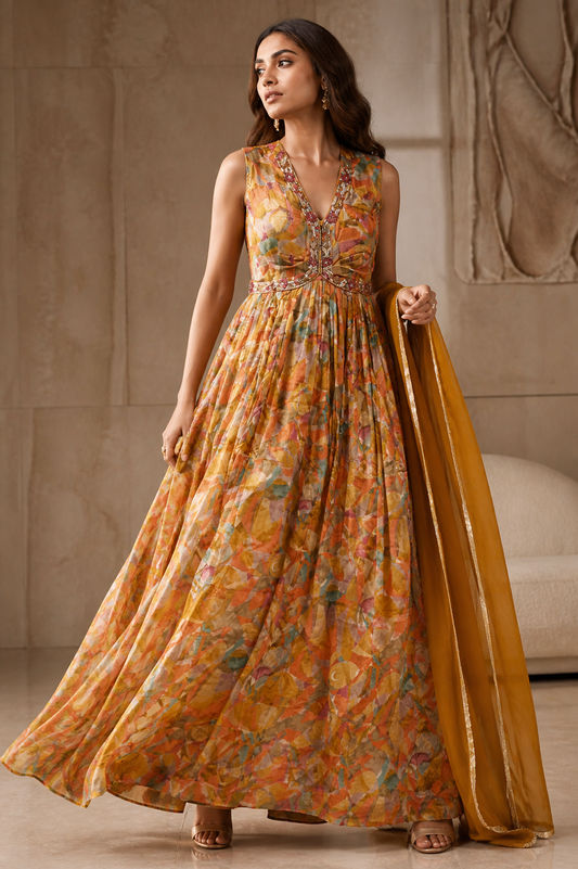 Mustard Silk Blend Printed Gown Set