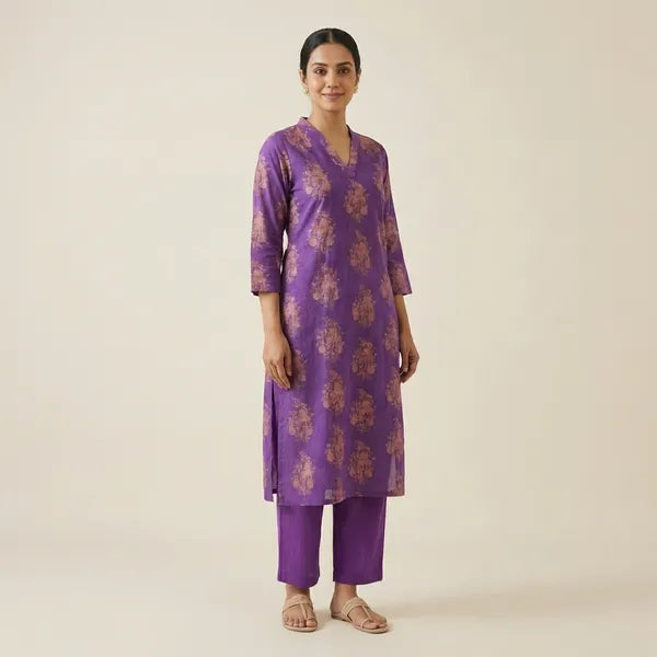 Purple Rayon Printed Kurti Set