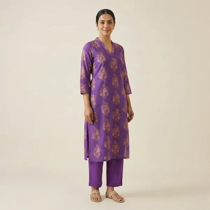 Purple Rayon Printed Kurti Set