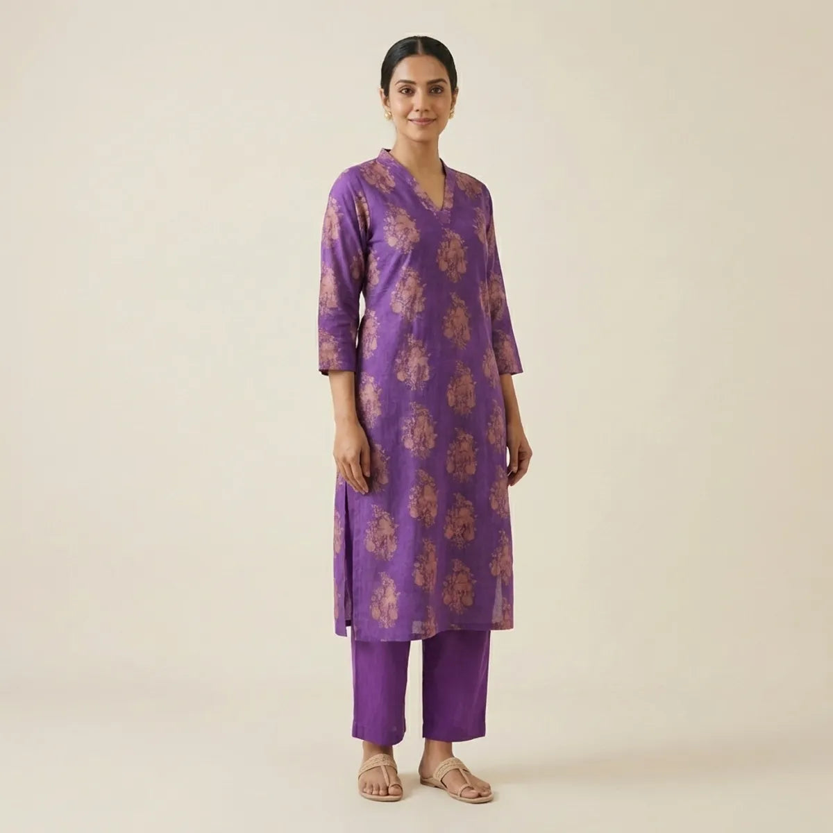 Purple Rayon Printed Kurti Set