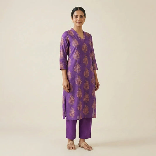 Purple Rayon Printed Kurti Set