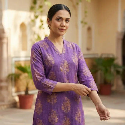 Purple Rayon Printed Kurti Set