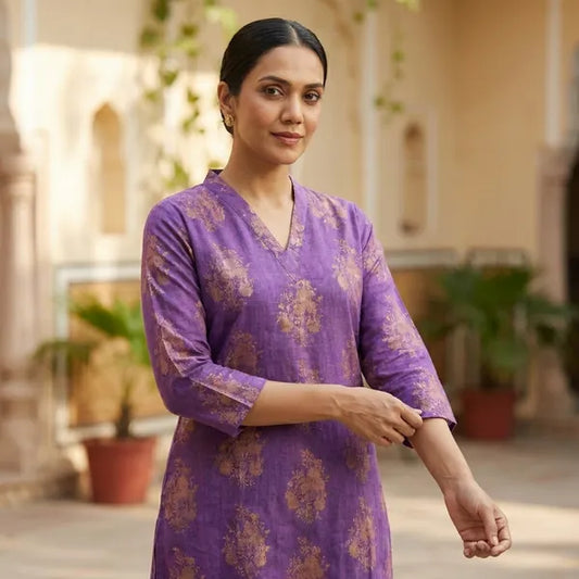 Purple Rayon Printed Kurti Set