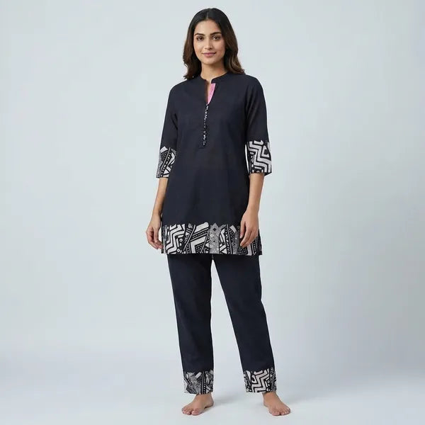 Navy Blue Cotton Blend Printed Coordset