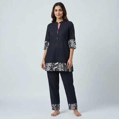 Navy Blue Cotton Blend Printed Coordset
