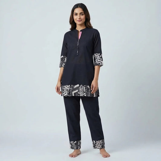 Navy Blue Cotton Blend Printed Coordset