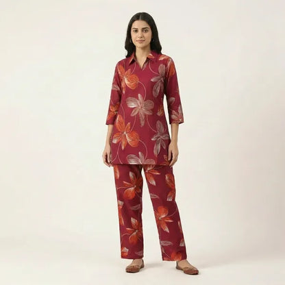 Red Silk Blend Printed Co-ord Set