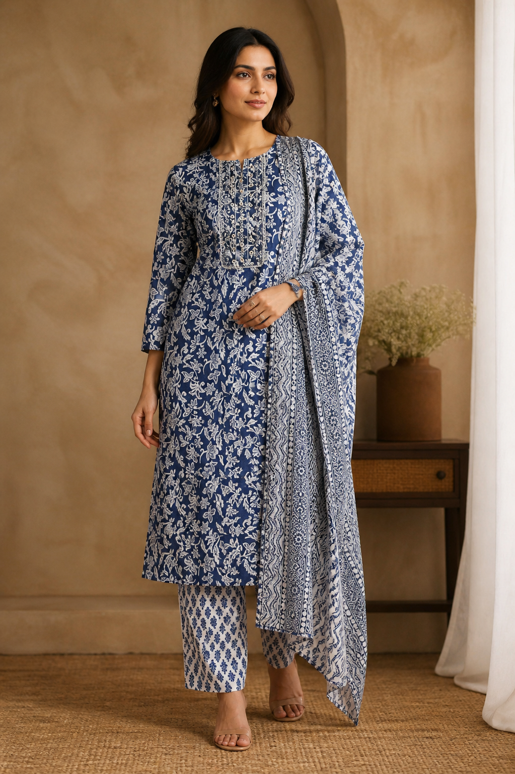 Blue And White Cotton Printed Suit Se