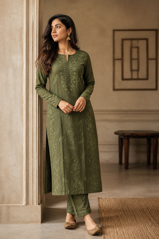 Dark Green Chikankari  Kurti