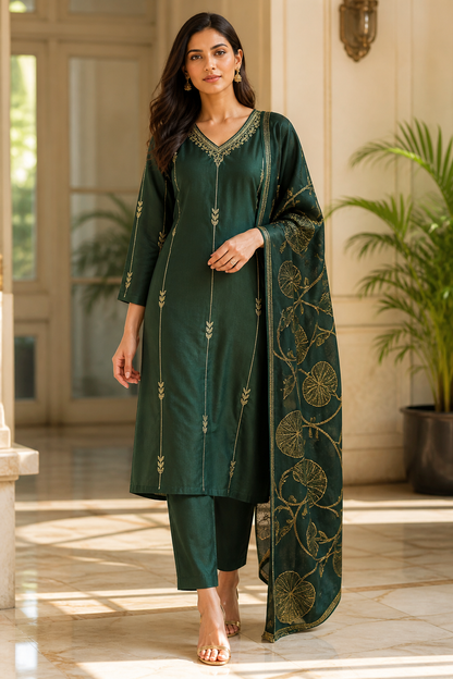Dark Green And Golden Cotton Blend Embroidered