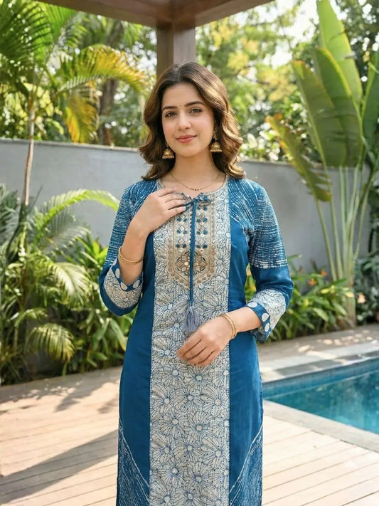 Blue Chanderi Silk Printed Kurta