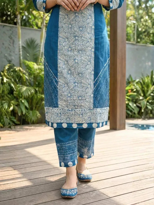 Blue Chanderi Silk Printed Kurta