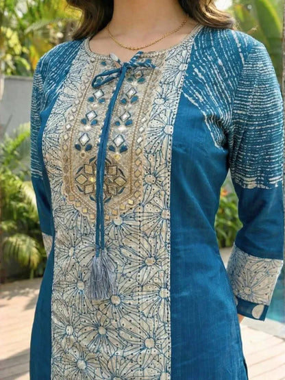 Blue Chanderi Silk Printed Kurta