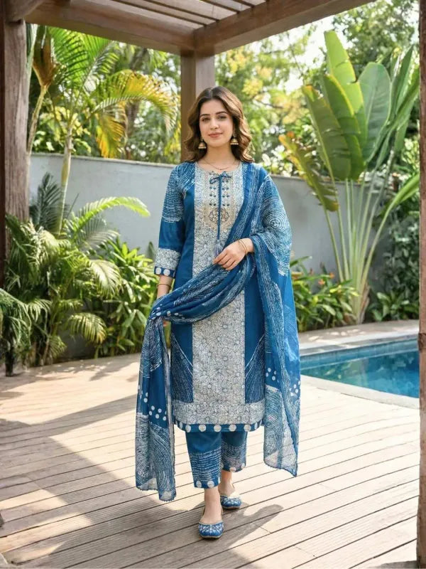 Blue Chanderi Silk Printed Kurta