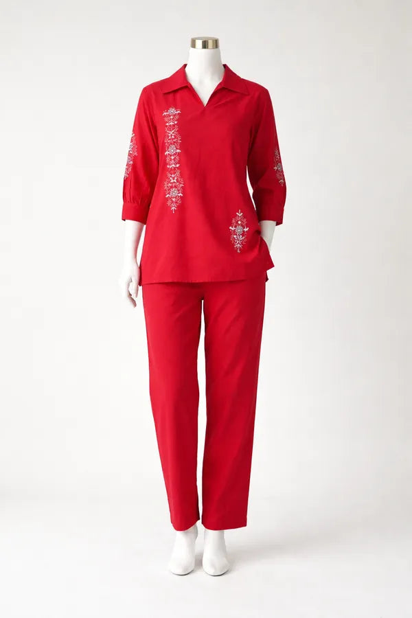 Red Silk Blend Embroidered Coord Set