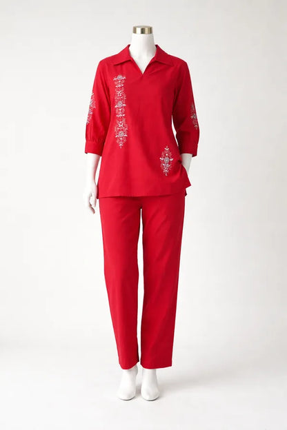 Red Silk Blend Embroidered Coord Set