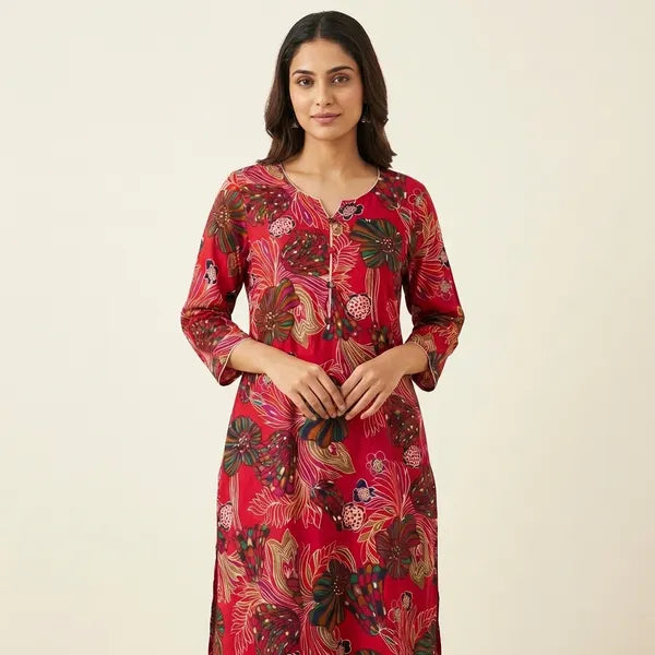 Red Rayon Printed Kurta