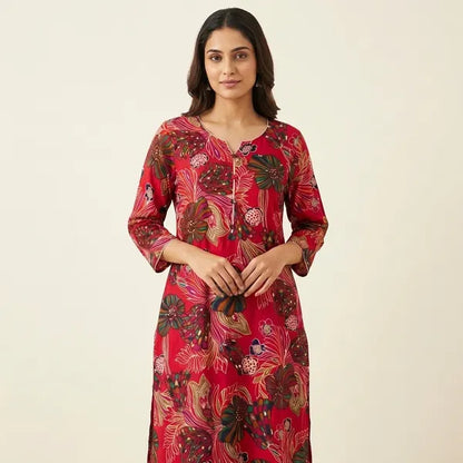 Red Rayon Printed Kurta