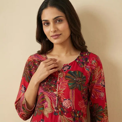 Red Rayon Printed Kurta