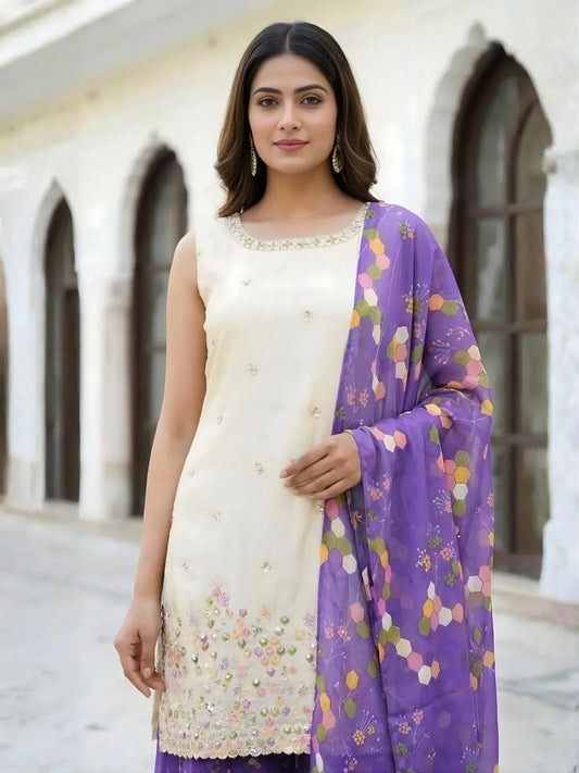 White And Purple Georgette Embroidered