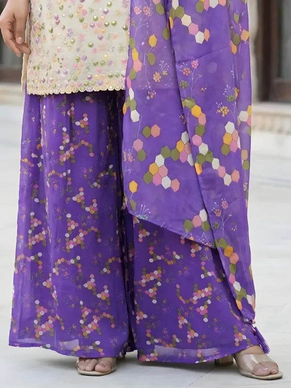 White And Purple Georgette Embroidered