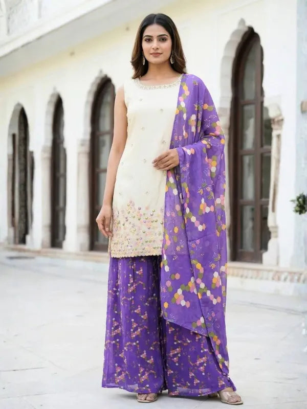 White And Purple Georgette Embroidered