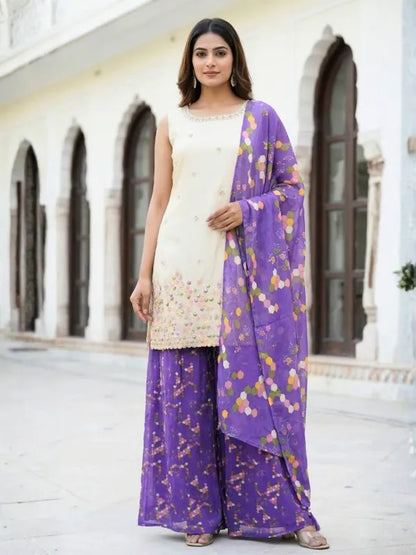 White And Purple Georgette Embroidered