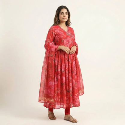 Red Art Silk Embroidered Anarkali Set