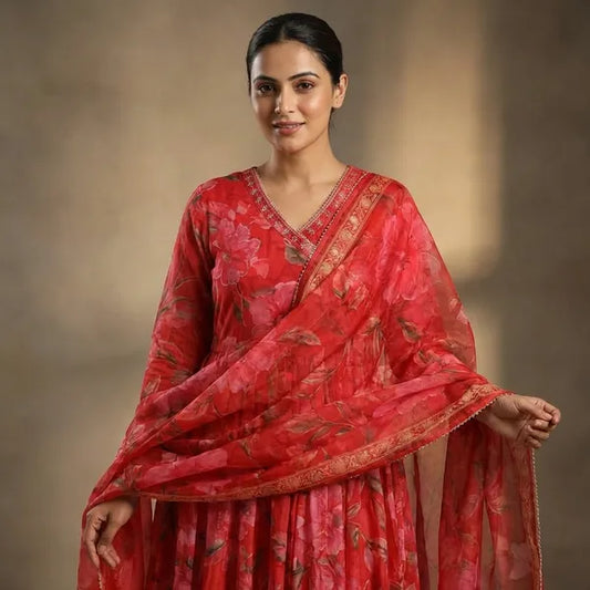 Red Art Silk Embroidered Anarkali Set