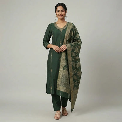 Dark Green And Golden Cotton Blend Embroidered