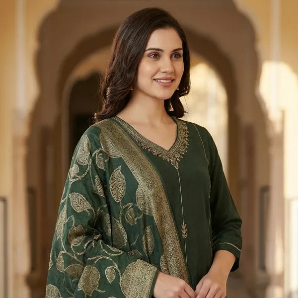 Dark Green And Golden Cotton Blend Embroidered
