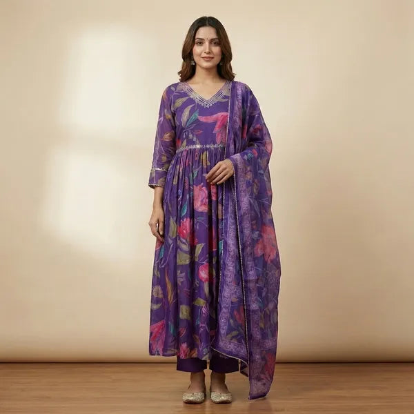 Purple Silk Blend Printed Anarkali Set