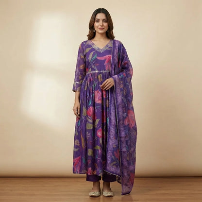 Purple Silk Blend Printed Anarkali Set