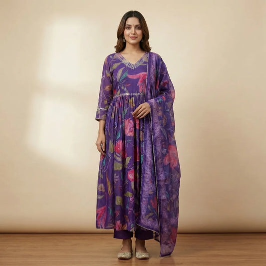 Purple Silk Blend Printed Anarkali Set