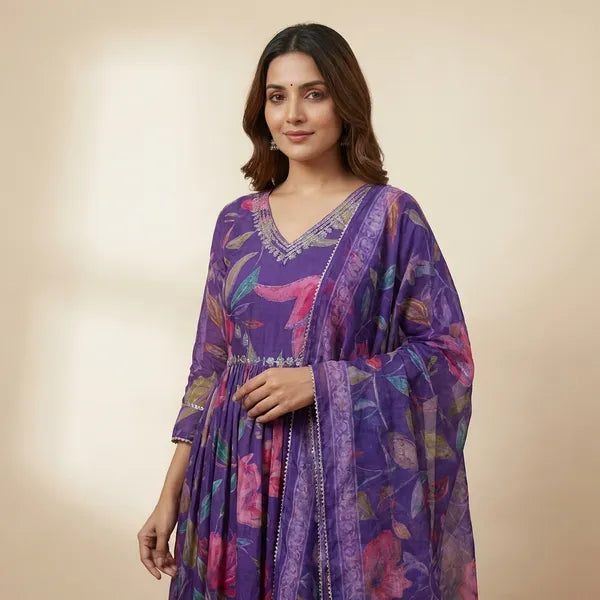 Purple Silk Blend Printed Anarkali Set