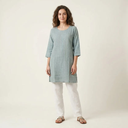 Blue And White Cotton Blend Stripped Top