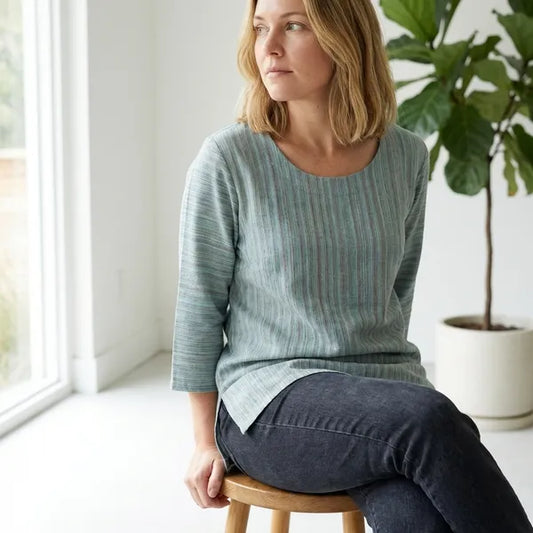 Blue And White Cotton Blend Stripped Top